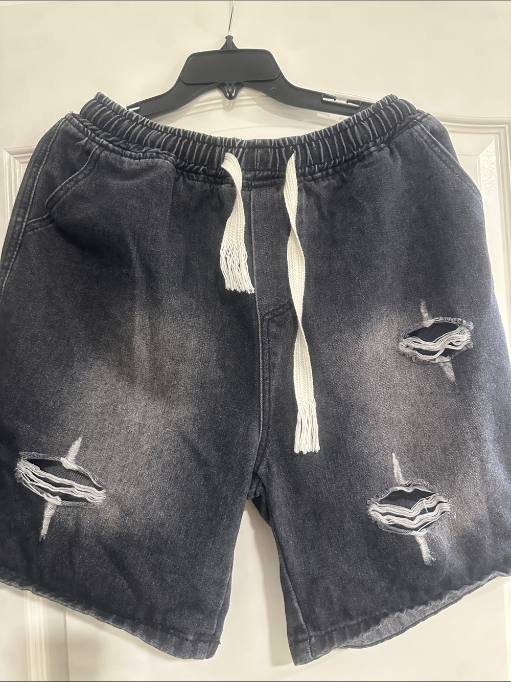 Men's Distressed Black Denim Drawstring Shorts